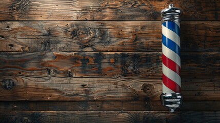 Old classic vintage barber pole. Barbershop pole on a wooden background with copy space.