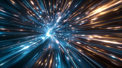 abstract neon background, space tunnel turning to left, ultra violet rays, glowing lines, virtual reality jump, speed of light, space and time strings, highway night lights