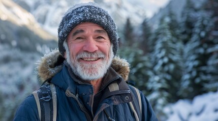Fototapeta premium Embracing the Golden Years: A Joyful Senior Man Hiking Through Scenic Winter Mountains