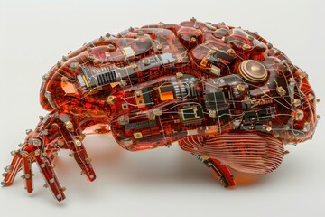 Transparent brain with mechanical circuitry, illustrating the complex relationship between technology and cognition.