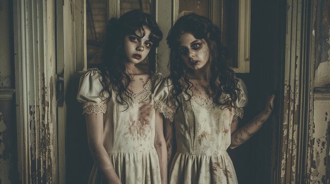 Two girl sisters with zombie make up in vintage dresses holding hand standing on retro vintage castle indoor background, scary high quality Halloween event backgrounds, haunted house concept.