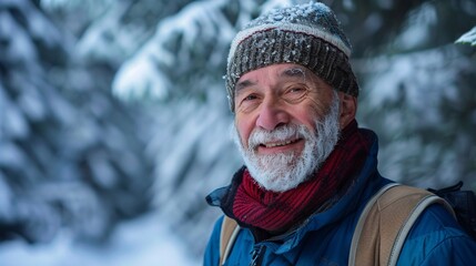 Fototapeta premium Embracing the Golden Years: A Joyful Senior Man Hiking Through Scenic Winter Mountains