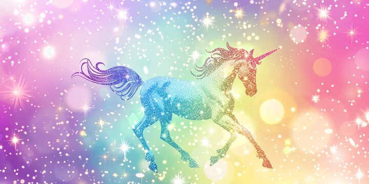 Fantasy rainbow background with unicorn silhouette with stars and sparkling particles, concept of dream, magic, miracle, princess, childhood, fairy tale creature illustration.