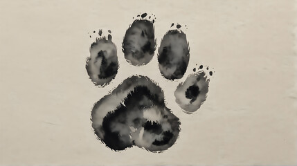 a simple yet evocative black ink paw print, detailed with texture and splatter, set against a pale, textured background