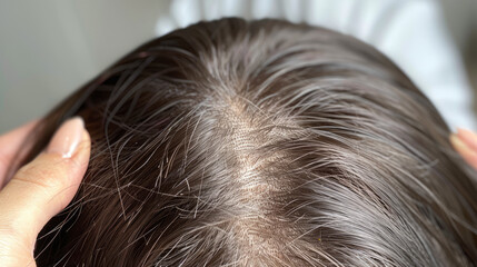 A hair topper is a piece of hair that is added to the top of the head to cover up thinning hair or add volume. It is attached with clips and the front clip may be visible.