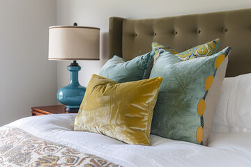 A high-quality, close-up photo of luxurious velvet throw pillows on an elegant bed in the bedroom of someone's home, with a blue lamp and gold accents. The colors include soft green, mustard yellow.