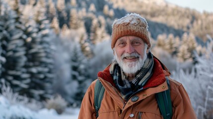 Fototapeta premium Embracing the Golden Years: A Joyful Senior Man Hiking Through Scenic Winter Mountains