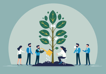 HR personnel nurturing employee growth: nurturing skills, abilities development through career mentorship, depicting potential with minimalistic people tree graphic