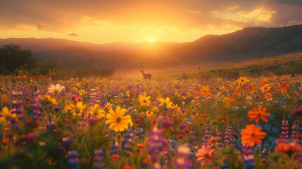 Enchanting Sunset in Flower Field with Graceful Deer - Generative AI