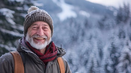 Fototapeta premium Embracing the Golden Years: A Joyful Senior Man Hiking Through Scenic Winter Mountains