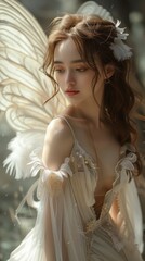 A beautiful fairy woman with delicate, translucent wings and graceful appearance. She has long flowing hair and wears an ethereal flowing gown. Her expression is calm and charming. Generative AI.