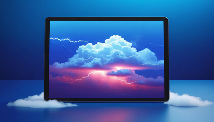 Tablet computer in the clouds with lightning. On the tablet screen there is a clear blue sky with clouds. The thundercloud charges the tablet.
