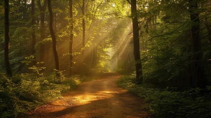 Beautiful forest path illuminated by golden sunlight filtering through the trees, depicting a serene and tranquil natural scenery.