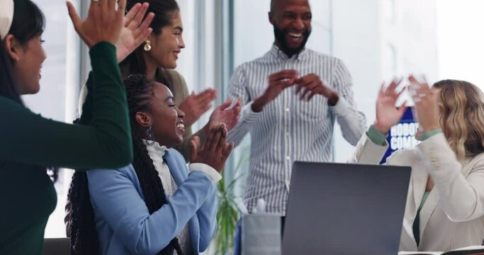 Laptop, success and well done with business people in boardroom of office for robotics deal or target. Applause, computer and motivation with winner employee team in celebration together at workplace