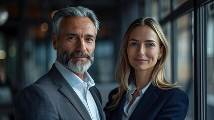 Portrait of confident business partners, dressed in suits, contemporary office setting, Sharp and vibrant, Realism 8K , high-resolution, ultra HD,up32K HD