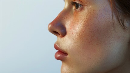Close-up shot of a woman's face with visible freckles