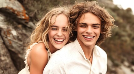 Fototapeta premium Young cheerful laughing couple with a man giving a ride to his girfriend on his back Piggyback laugh