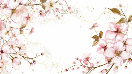 Fototapeta premium Cherry Blossoms floral, luxury botanical on white background vector, empty space in the middle to leave room for text or logo, gold line wallpaper, leaves, flower, foliage, hand drawn