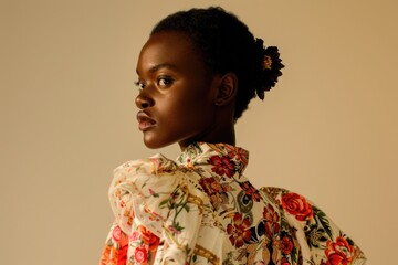 Elegant African Woman with Floral Print Dress Against Neutral Background