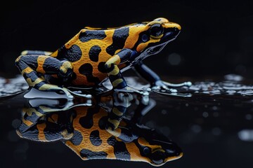A yellow and black frog sitting on top of a puddle of water
