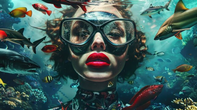 A person wearing a diving mask and goggles swimming in an aquarium, surrounded by various types of fish - Powered by Adobe