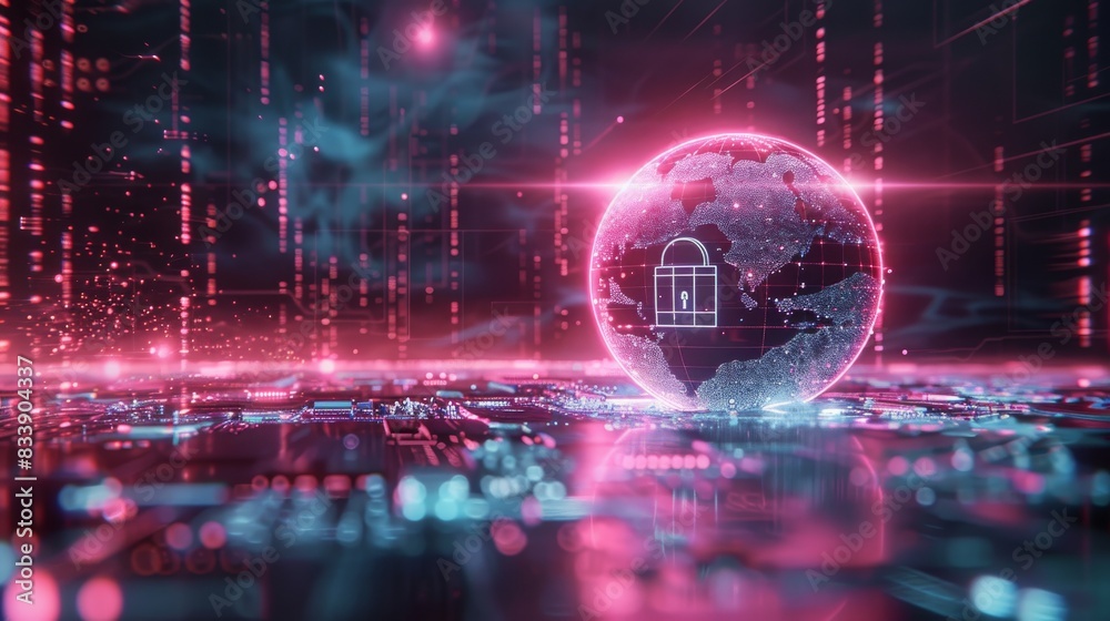 Aufkleber a globe with a cyber security lock in cyberspace neon dark blue and pink. generative ai.