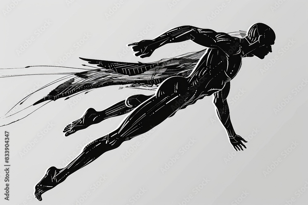 Poster a black and white drawing of a person in mid-flight, with no background or context