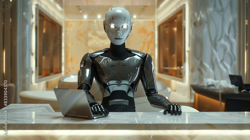 Aufkleber a robot in a suit behind a concierge desk. futuristic. generative ai.