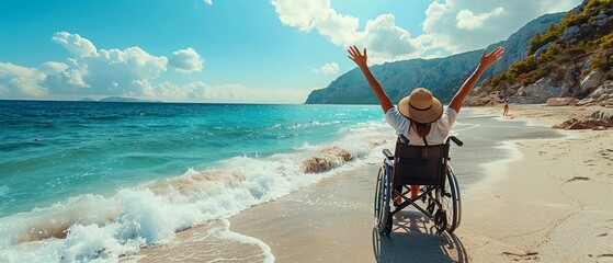Woman in a wheelchair, smiling with arms raised, enjoying the beach, sunny day and blue sea, Photorealistic 8K , high-resolution, ultra HD,up32K HD