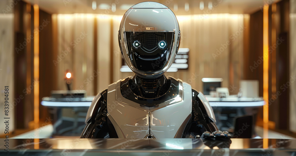 Aufkleber a robot in a suit behind a concierge desk. futuristic. generative ai.