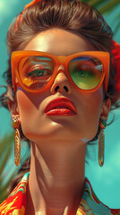 Obraz premium Retro style pastel colors summer background. Fashion woman wearing big sunglasses.
