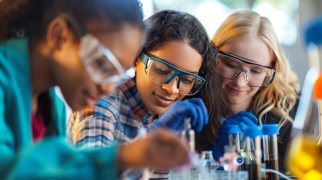 female diverse students participating in STEM learning, Science, technology, engineering, art and mathematics, 16:9 - Powered by Adobe