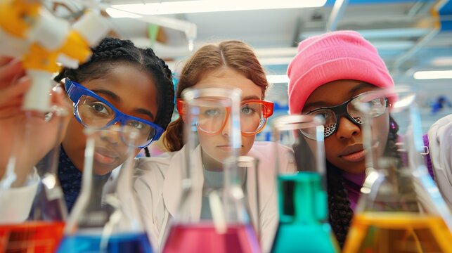 female diverse students participating in STEM learning, Science, technology, engineering, art and mathematics, 16:9