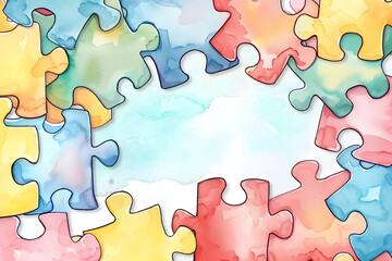 Cute cartoon jigsaw frame border on background in watercolor style.