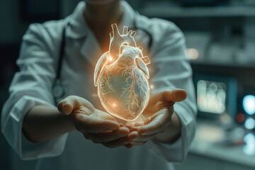 World heart day. Doctor hands holding healthy heart organ anatomy. Heart disease Awarness, heart transplant or organ donation concept. Cardiological checkup and treatment.