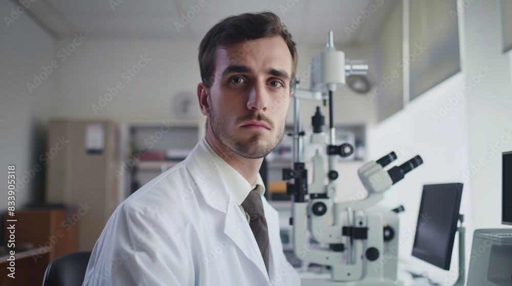 Poster a scientist in a lab coat looks at a microscope, focused on a small sample