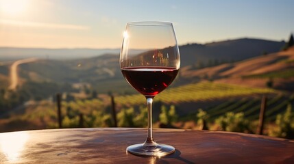 Glass of red wine on vineyard in Tuscany, Italy