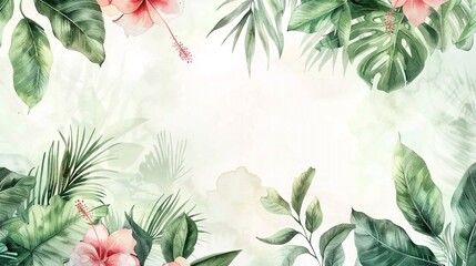 Watercolor banner frame tropical leaves and branches isolated on white background, ready to use for invitation wedding frame border mock up template.