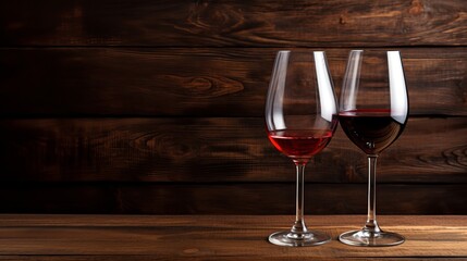 Two glasses of red wine on wooden background. Copy space for text