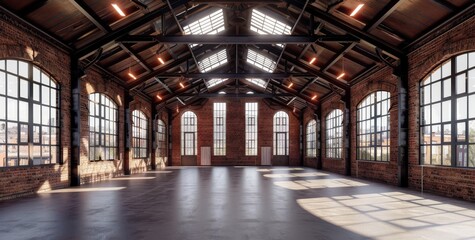 Naklejka premium Warehouse interior. Empty industrial storage building. Industry architecture. Modern workshop background. Storehouse with big window