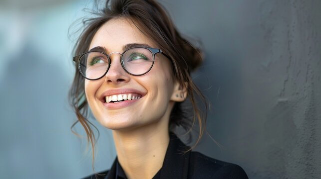 Happy cheerful thoughtful young businesswoman with glasses smiling and looking to side isolated on outdoor office background with copy space, concept of working, idea, lifestyle, intern, offer, job.