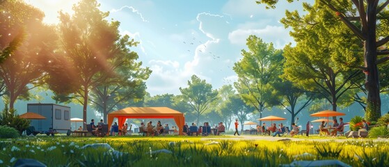 A startup's team-building outing with employees participating in outdoor activities games and collaborative challenges The scene should feel energetic and team-focused Create this in a cartoon style