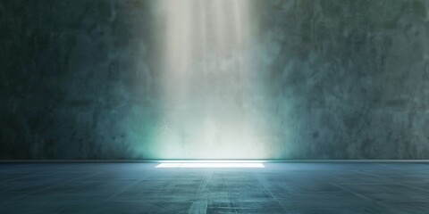 Empty room with light beam and shadow of a window, abstract grunge style concrete blank studio backgrounds, teal blue spotlights dark scene, for product display, lighting interior backdrops.