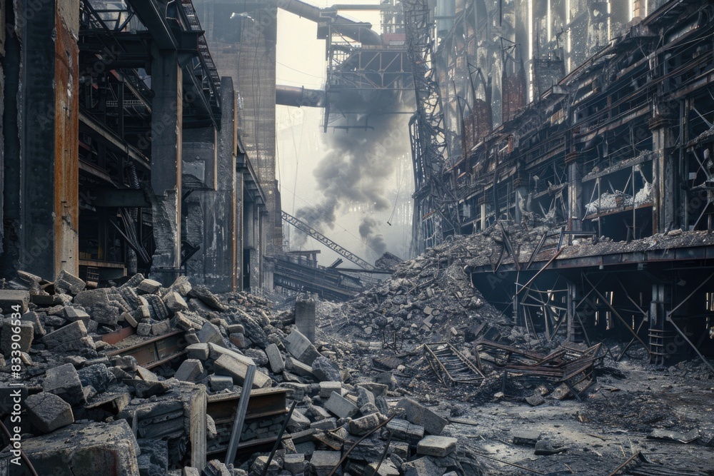 Aufkleber A large pile of rubble sits in front of a building, with broken concrete and twisted metal