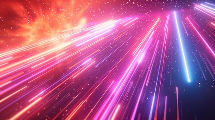 Naklejka premium Soft pastel coral sky hosting a 3D render of abstract neon rays intersecting with vivid glowing lines, providing a contemporary and stylish appearance