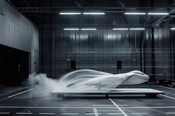 A white aircraft sits on a platform in a wind tunnel, with smoke trailing behind it. The smoke swirls and dances in the air, creating a dramatic and abstract scene.