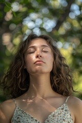 Naklejka premium A woman sitting comfortably with her eyes closed, possibly meditating or resting