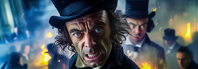 A dramatic portrait of a respectable Victorian gentleman, demonstrating the deep conflict and duality within one man. ?llusion on the topic Dr. Jekyll and Mr. Hyde