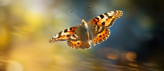Macro image of a Vanessa cardui butterfly nymphelid species captured in flight to the north with blurred background, narrow focus area, and no editing, suitable as a copy space image.