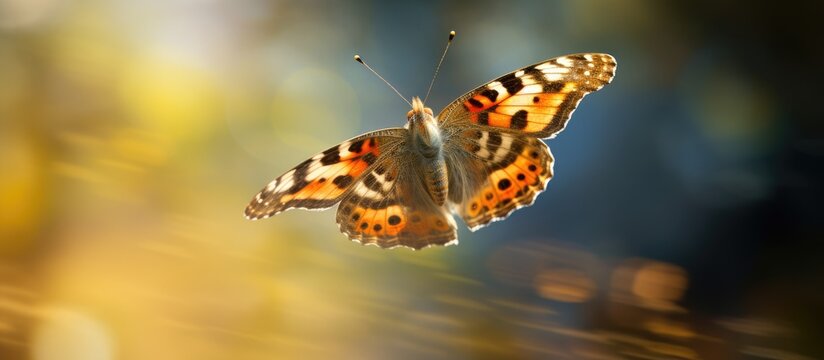 Macro image of a Vanessa cardui butterfly nymphelid species captured in flight to the north with blurred background, narrow focus area, and no editing, suitable as a copy space image.